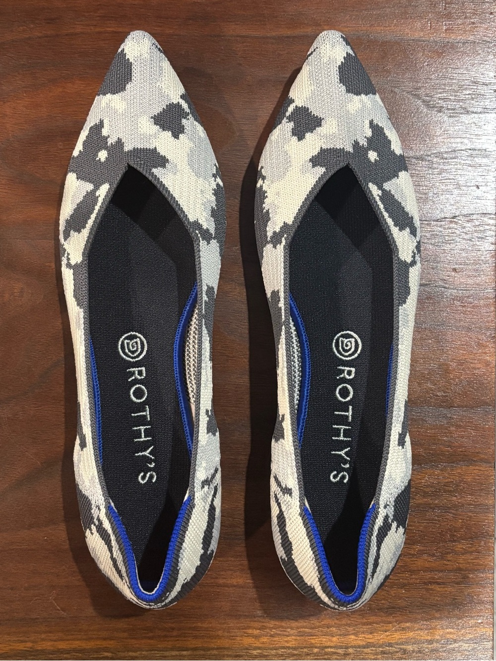 Rothy's Beige and Black Camo Pointed-Toe Flats with Blue Trim